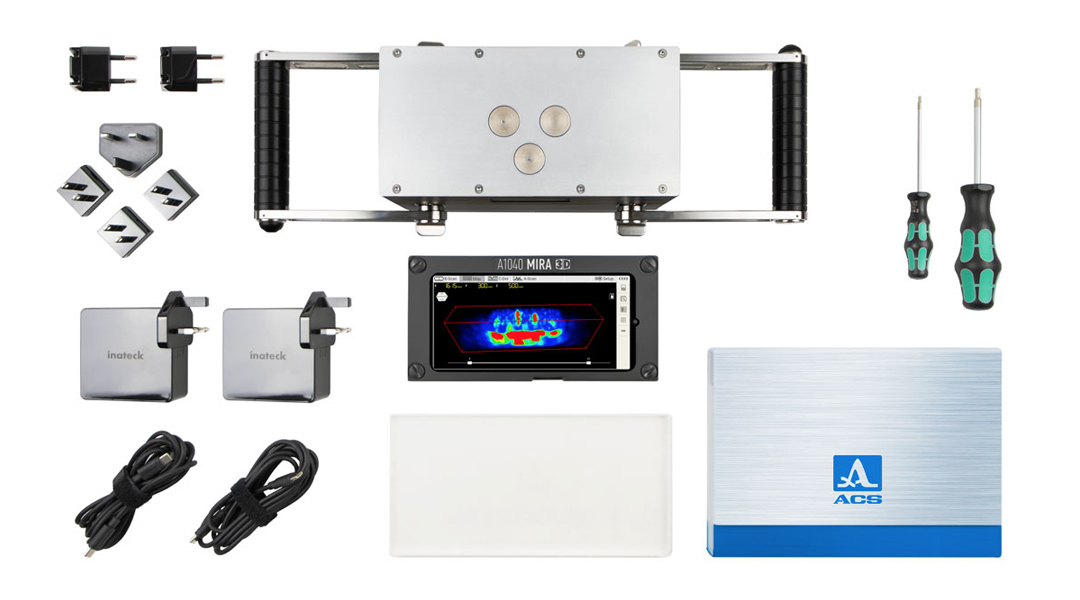 Delivery kit A1040 MIRA 3D dengan tablet, baterai, kabel, power supply, dan reference block