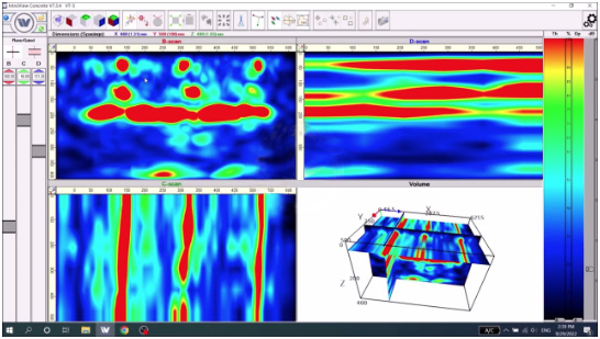 Tampilan INTROVIEW Pro untuk analisis B-scan, C-scan, D-scan, dan volume 3D