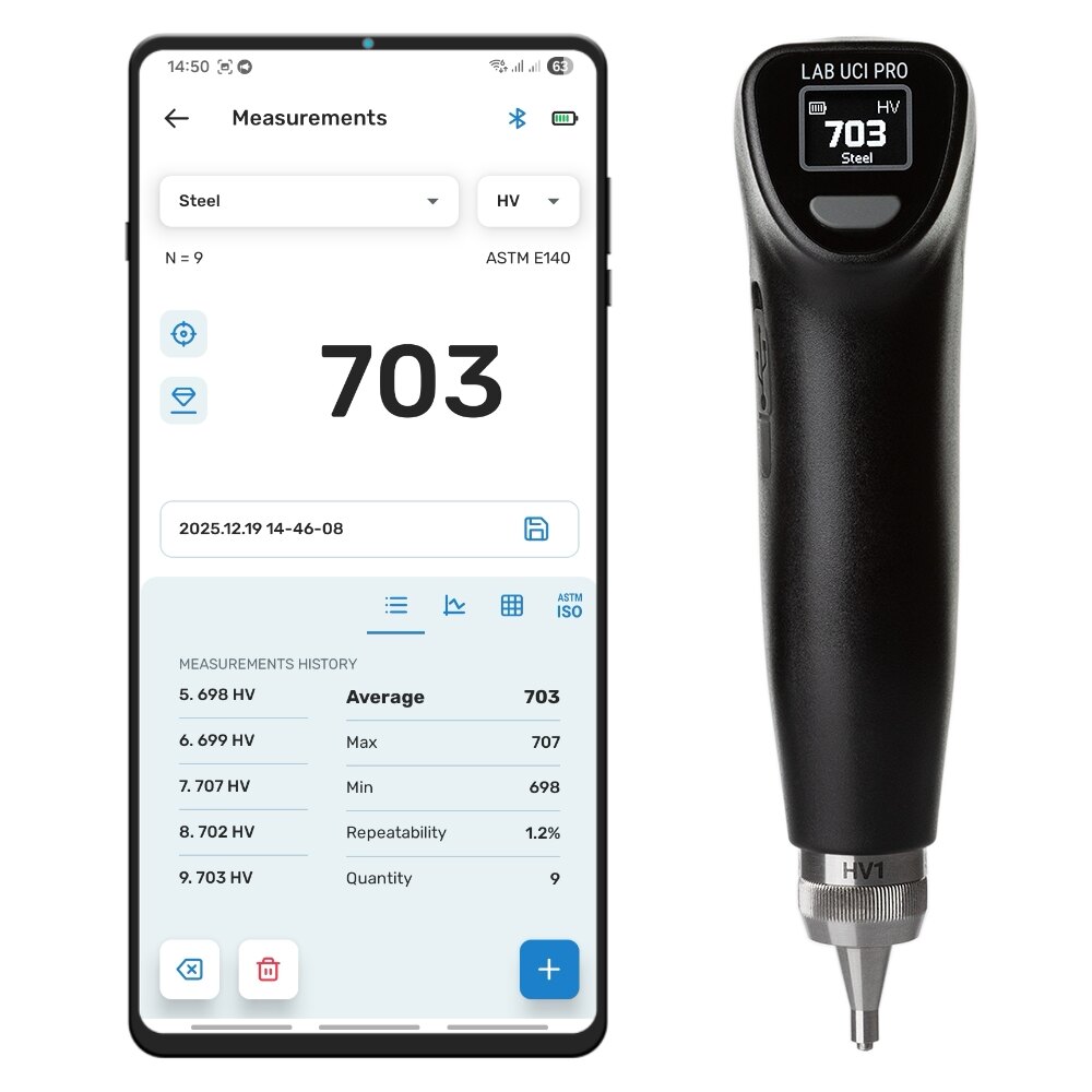 NOVOTEST Lab UCI Pro dan smartphone menampilkan hasil, statistik, serta arsip hardness testing